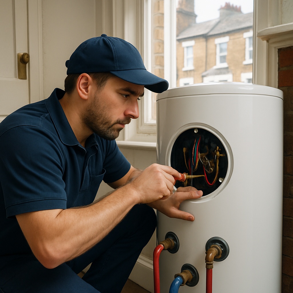 Technician repairing a water heater in a London home